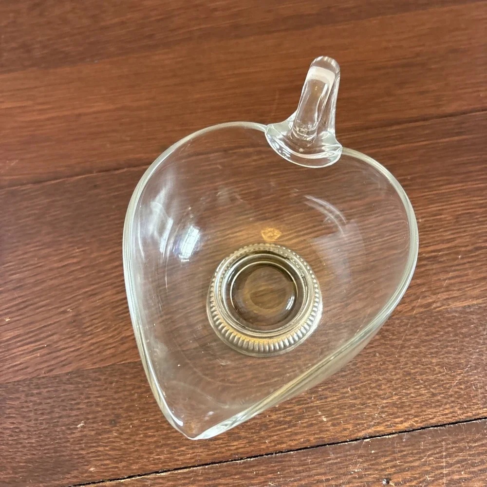 Gravy‎ Boat with Sterling Silver Base Sauce Server Heart Shaped Glass Marked
